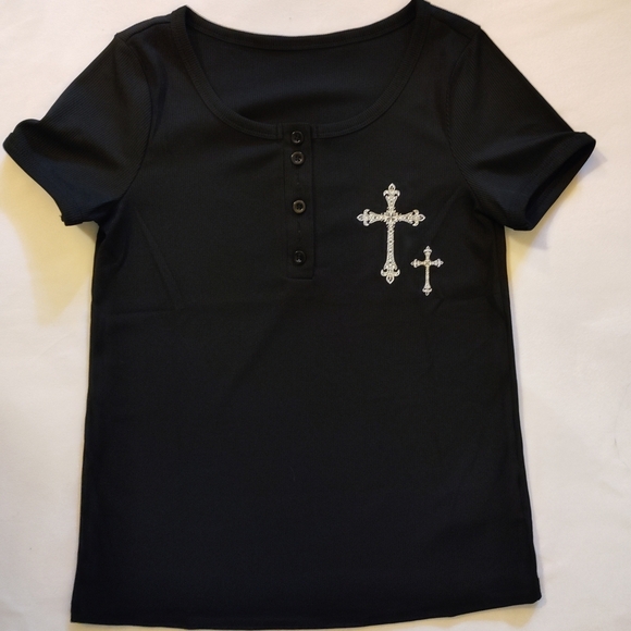 SHEIN Other - SHEIN Black Short Sleeve Tee with Cross Design NWOT